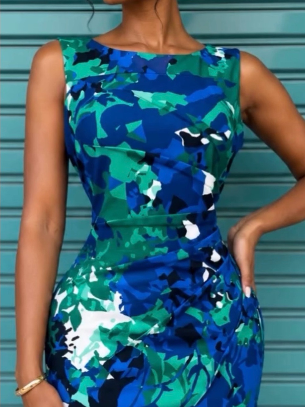 Calvin Klein Blue & Green Abstract Floral Rushed Sheath Dress - Size 10